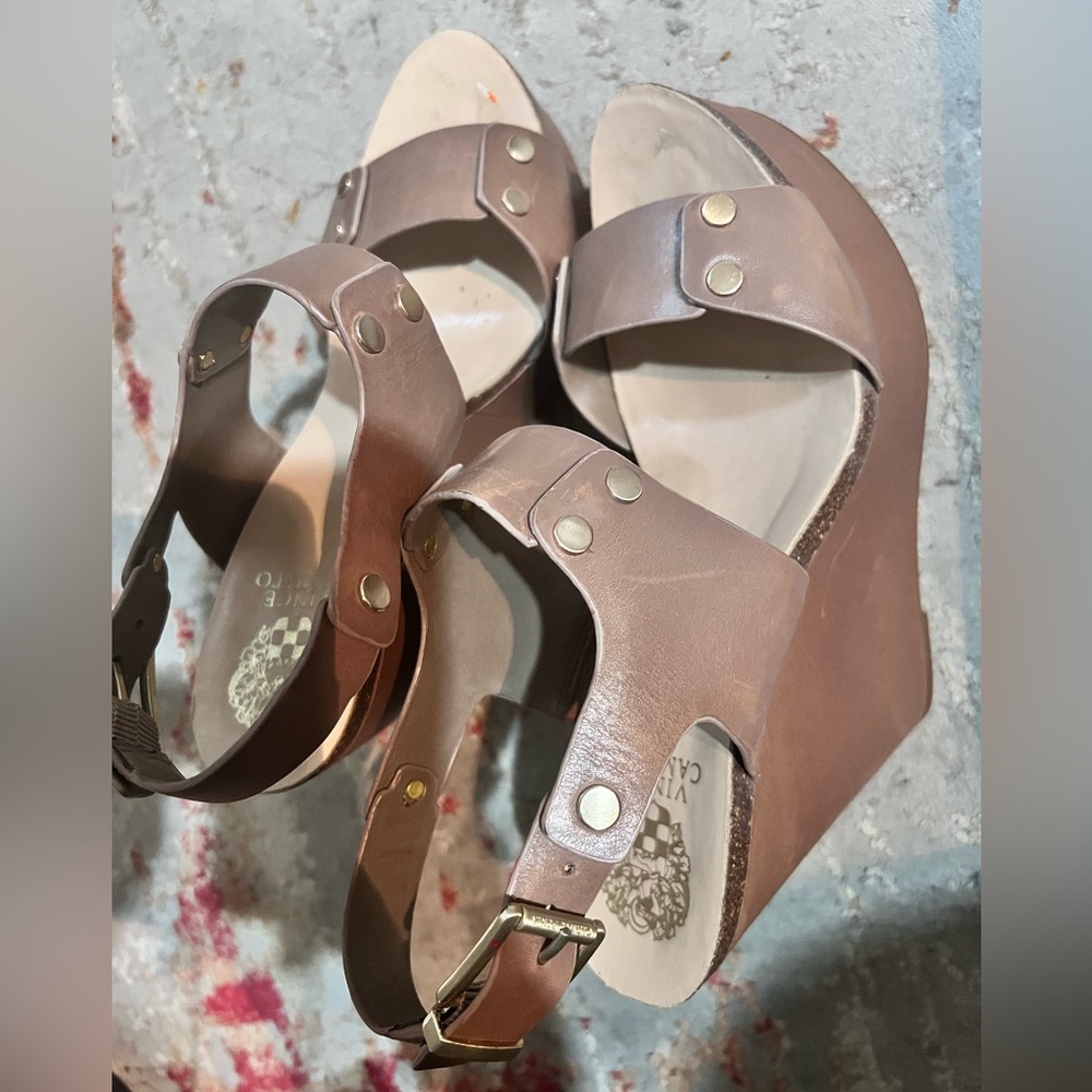 Vince Camuto Tan Leather Wedge Sandals